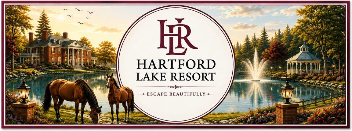 Hartford Lake Resort estate at golden hour with a lake fountain, gazebo and grazing horses